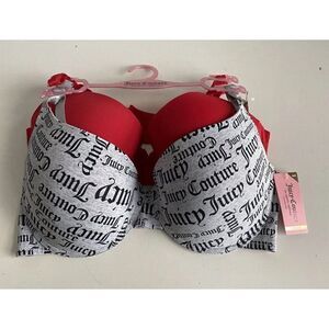 Juicy Couture Sleek & Smooth 2‎ Pk Bra JC3819 Lined Sz 42D Logo Script Grey Red